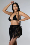 BH1477 Women's Fashion  Handmade Crochet Hollow Tassel Tube Top Sexy Short Skirt Waist Solid Two Piece Set