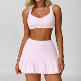 Wholesale Custom logo Quick Dry Women Sports Outfit Wear Two Piece Solid Color Workout Fitness Yoga Sets Tennis Skirt