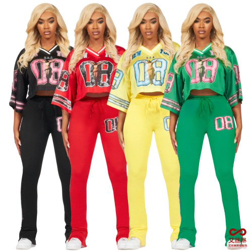 X12023S 2025 Summer Hot Sale Women  V-neck Top and Flared Pants Two-piece Sets