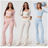 High-Waisted Hip Lift Lace Yoga Pants Square Neck Tight with Chest Pad Long-Sleeved Yoga Suit Gym Fitness Sports Yoga Set Women