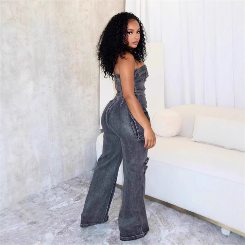 BR5505 Women's High Denim Jumpsuit Strapless Multi-Pocket Cargo Pants Pattern