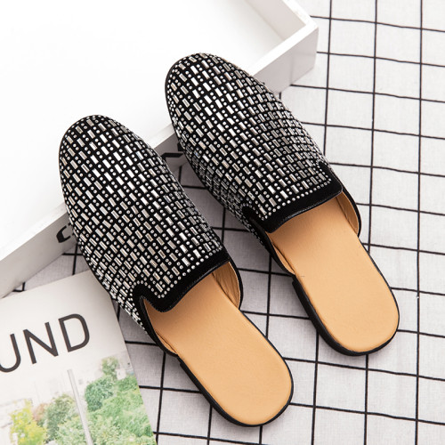Golden Color Fashion Good Looking Men Mules Casual Shoes Low Heels Diamond Upper Men Half Shoes