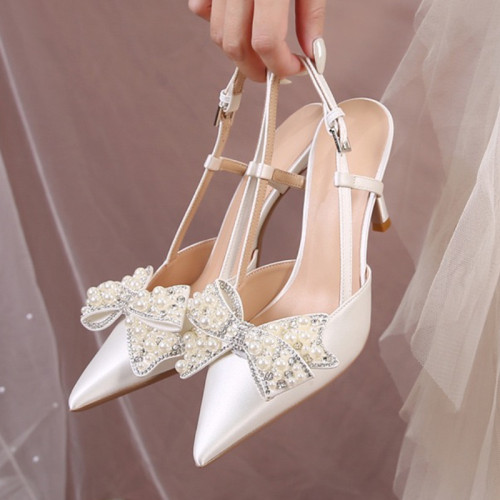 Wedding Shoes Zapatos Mujer Saltos Bow  Lace up Strappy Ankle Pearl Strap  White Wedding Heels for Bride