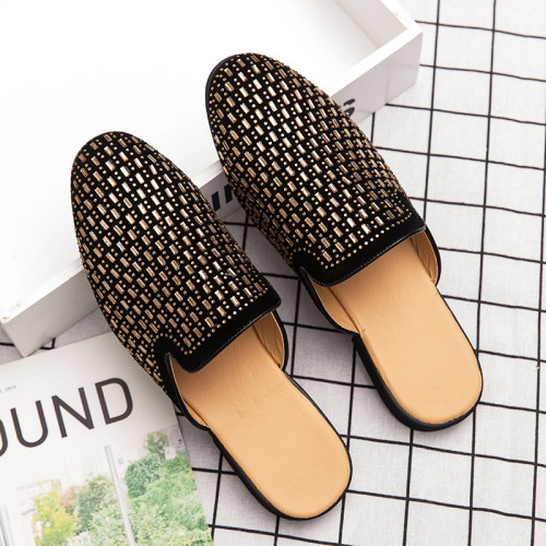 Golden Color Fashion Good Looking Men Mules Casual Shoes Low Heels Diamond Upper Men Half Shoes