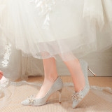 New Fashion Women Pearls High Heel Pumps Pointed Toe Crystal Wedding Party Bridal Shoes Thin Heels Slip-on Rhinestone Shoes