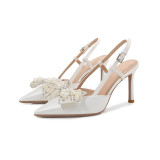 Wedding Shoes Zapatos Mujer Saltos Bow  Lace up Strappy Ankle Pearl Strap  White Wedding Heels for Bride