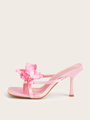 BUSY GIRL CXX05 Black Orchid Flower square Toe 10cm Heeled Sandals slippers Flip Flop Mules High Heels Shoes for Women New 2025