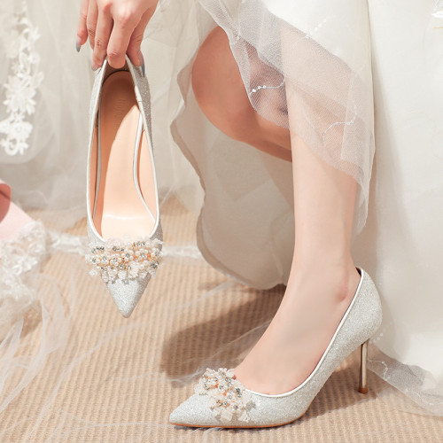 New Fashion Women Pearls High Heel Pumps Pointed Toe Crystal Wedding Party Bridal Shoes Thin Heels Slip-on Rhinestone Shoes