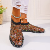Fashion 2024 New Round Toe Fish Mesh Flat Slippers Women Sexy Diamonds Hollowed Out Slip-on Flat Mules Ladies Sandals