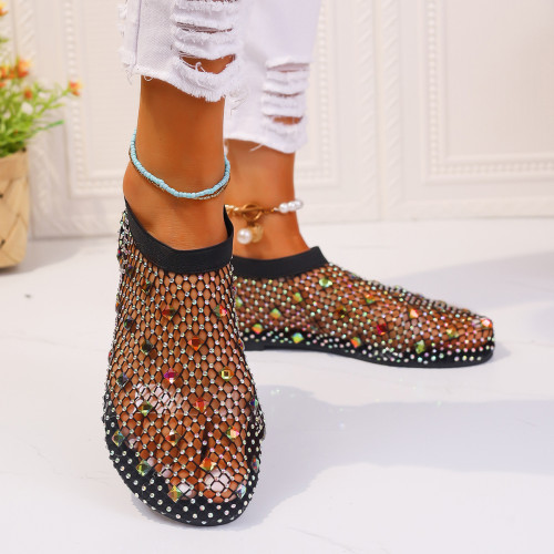 Fashion 2024 New Round Toe Fish Mesh Flat Slippers Women Sexy Diamonds Hollowed Out Slip-on Flat Mules Ladies Sandals