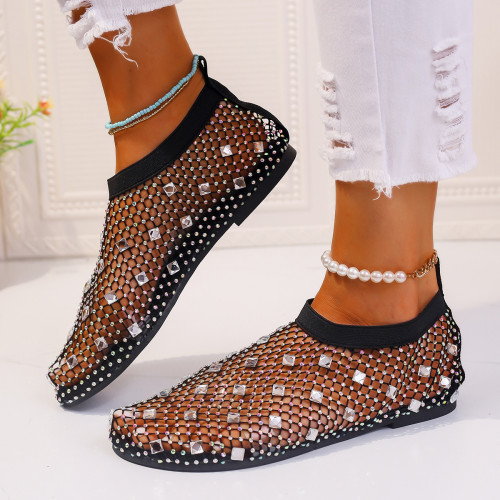 Fashion 2024 New Round Toe Fish Mesh Flat Slippers Women Sexy Diamonds Hollowed Out Slip-on Flat Mules Ladies Sandals