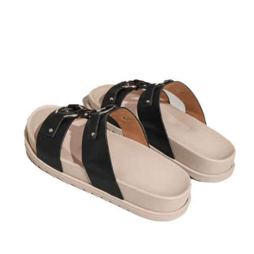 Women's Comfortable Double Layer Black and Ivory White Flats Slippers with Circle Decor Slip-On Outer Wear Fashionable Trend