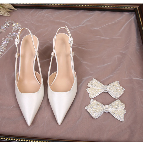 Wedding Shoes Zapatos Mujer Saltos Bow  Lace up Strappy Ankle Pearl Strap  White Wedding Heels for Bride
