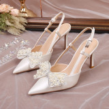 Wedding Shoes Zapatos Mujer Saltos Bow  Lace up Strappy Ankle Pearl Strap  White Wedding Heels for Bride