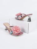 BUSY GIRL QS08 Flower pink Square Toe Big Size 6.5cm Low Heel slippers Sandals Shoes for Women 2025 Summer