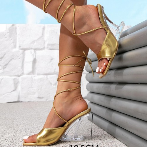 Women's High Heel Sandals Fashionable Gold Square Toe Shoes with Lace-up and Irregular Heel Comfortable Strap Design