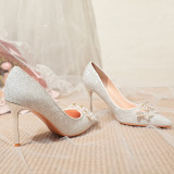 New Fashion Women Pearls High Heel Pumps Pointed Toe Crystal Wedding Party Bridal Shoes Thin Heels Slip-on Rhinestone Shoes