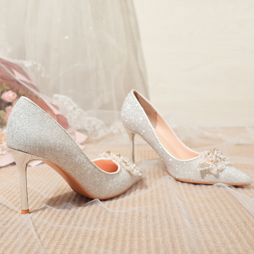 New Fashion Women Pearls High Heel Pumps Pointed Toe Crystal Wedding Party Bridal Shoes Thin Heels Slip-on Rhinestone Shoes