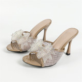 Summer Fashion 9cm High Heels Bow Slipper Female Plus Size Mesh Open Tow Sandals Slippers