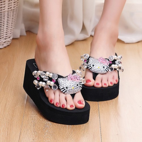 GIRL KT cat Summer Fashion Sandals for Slippers with Rhinestone Gemstone Pearl Thick-Soled Platform Beach Slippers