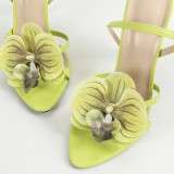 Women's Three-dimensional Floral Decoration Summer High Heel Sandals Toe Stiletto Heel Ankle Strap Fashion Party Dress Shoes