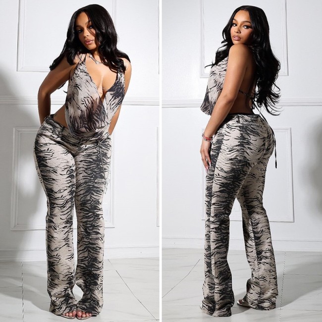 Sexy Stretch Print Mesh Two-pieces Pant Set With Backless Halter Top and High Waist Flare Leg Pants