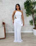 Fashion Summer Solid Color Stretch One Shoulder Pleated Dress Long Floor Dress Party Evening Dress