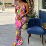 Sexy Print Sleeveless v Neck Backless Pleated Fabric Slim Bodycon Long Dress Spaghetti Dress