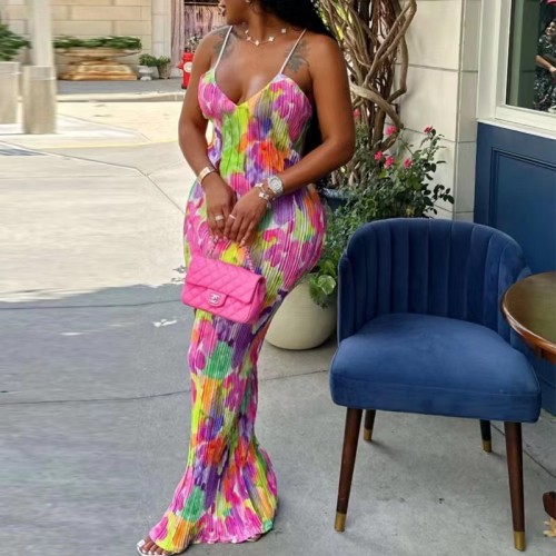 Sexy Print Sleeveless v Neck Backless Pleated Fabric Slim Bodycon Long Dress Spaghetti Dress
