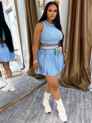 Sport Summer Stretch Knit Two Pieces Skirt Set With Sleeveless Crop Top Tank Top and Short Pleated Skirt