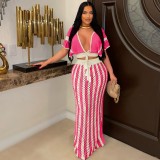 Summer Knit Crochet Two Pieces Skirt Set With v Neck Knitted Crop Top and Long Floor Knit Skirt