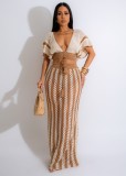 Summer Knit Crochet Two Pieces Skirt Set With v Neck Knitted Crop Top and Long Floor Knit Skirt