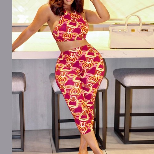 CUTENOVA Z612ST04 Summer Y2k Summer New 2025 New Women's Sexy Color Blocking Vest Crop Top Printed Cropped Pants Set