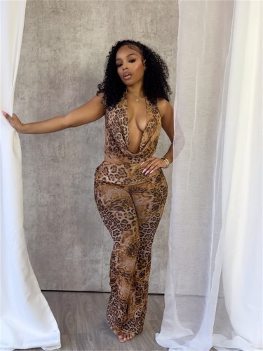Sexy Stretch Leopard Print Two-pieces Pant Set With Backless Halter Top and High Waist Slim Pants