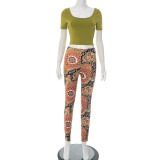 Summer Stretch Two-pieces Legging Set With Crop Top T Shirt and Slim Tight Print Legging Pants