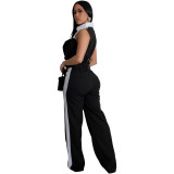 Summer Casual Two Pieces Pants Suit With Sleeveless Crop Top Shirt and High Waist Straight Leg Pant