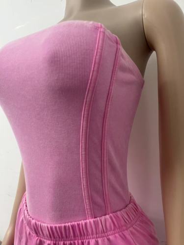 Casual Summer Retro Real Wash Stretch Two Pieces Sweatpants Set With Strapless Tube Romper Short Jumpsuit