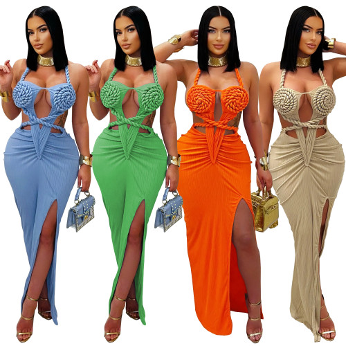 Sexy Summer Stretch Cut Out Halter Backless Slim Long Bodycon Dress High Slit Dress
