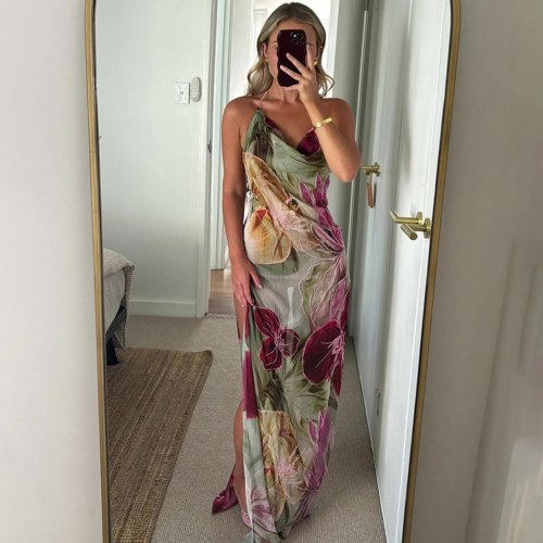 Cutenova Z519DS11 Sexy Summer Backless Lace up Halter Split Backless Dress Lady Elegant Maxi Dress