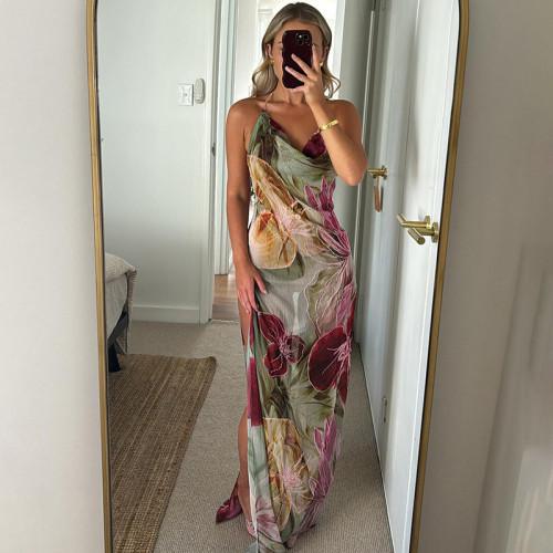 Cutenova Z519DS11 Sexy Summer Backless Lace up Halter Split Backless Dress Lady Elegant Maxi Dress