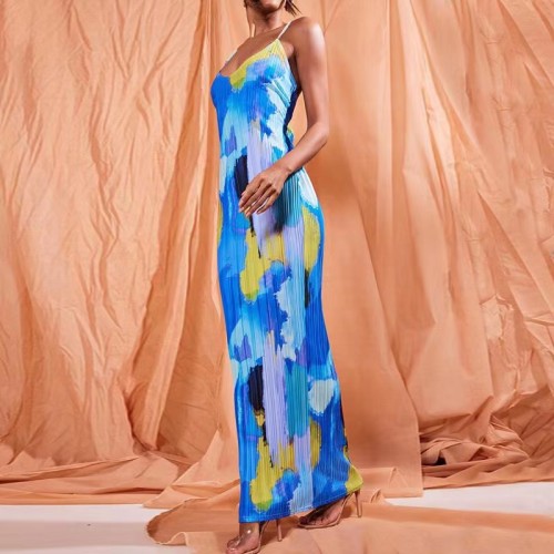 Sexy Print Sleeveless v Neck Backless Pleated Fabric Slim Bodycon Long Dress Spaghetti Dress