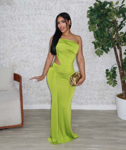 Fashion Summer Solid Color Stretch One Shoulder Pleated Dress Long Floor Dress Party Evening Dress