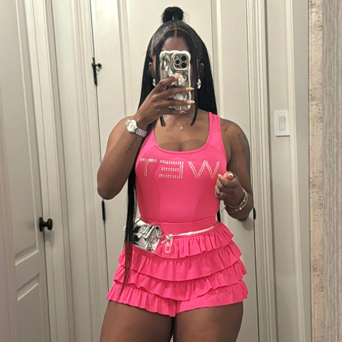 Summer Sexy Ruffled Two Pieces Short Set With Sleeveless Tank Crop Top and High Waist Shorts