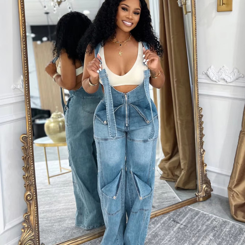 Summer Fashion Casual Stretch Loose Wide Leg Denim Jumpsuit Denim Overalls Women Jeans Bib
