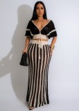 Summer Knit Crochet Two Pieces Skirt Set With v Neck Knitted Crop Top and Long Floor Knit Skirt