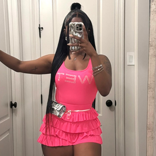 Summer Sexy Ruffled Two Pieces Short Set With Sleeveless Tank Crop Top and High Waist Shorts