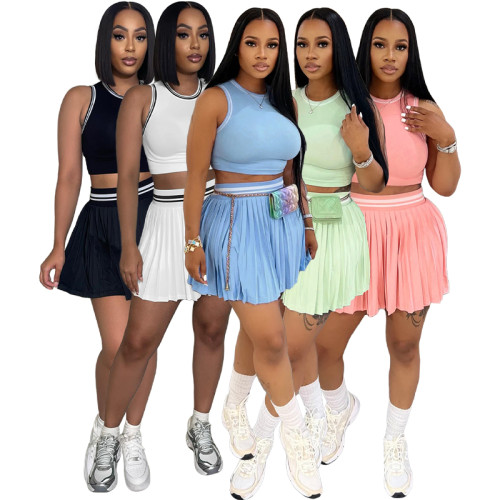 Sport Summer Stretch Knit Two Pieces Skirt Set With Sleeveless Crop Top Tank Top and Short Pleated Skirt