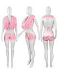 New Arrivals Trendy Popular 2025 Women S-2XL Furs Feather High Quality 2 Piece Shorts Set