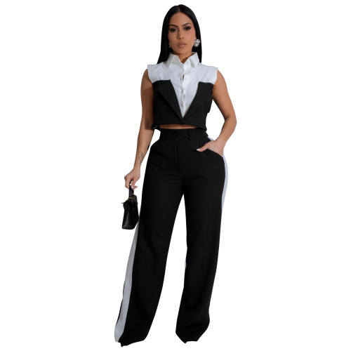 Summer Casual Two Pieces Pants Suit With Sleeveless Crop Top Shirt and High Waist Straight Leg Pant