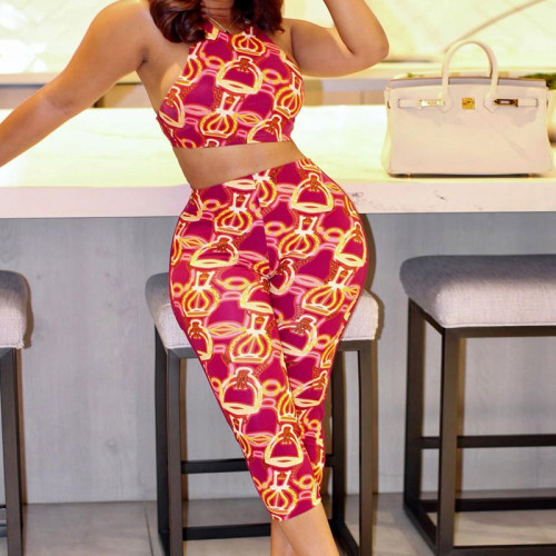 CUTENOVA Z612ST04 Summer Y2k Summer New 2025 New Women's Sexy Color Blocking Vest Crop Top Printed Cropped Pants Set